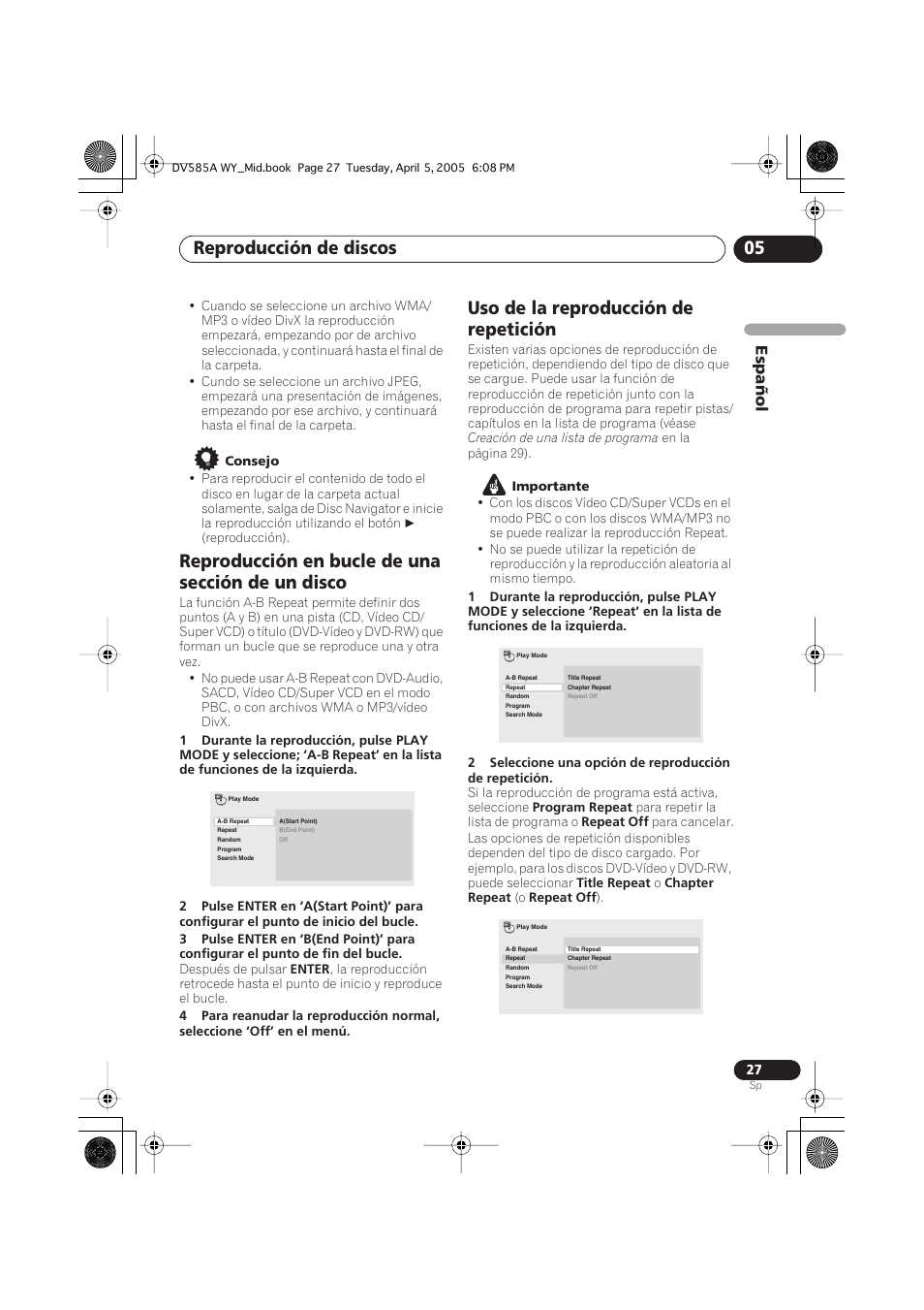 Reproducción en bucle de una sección de un disco, Uso de la reproducción de repetición, Reproducción de discos 05 | Español | Pioneer DV-585A-s User Manual | Page 27 / 108