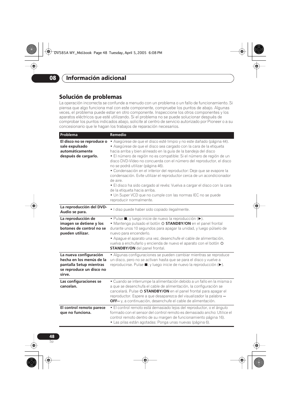 Solución de problemas, Información adicional 08 | Pioneer DV-585A-s User Manual | Page 48 / 108