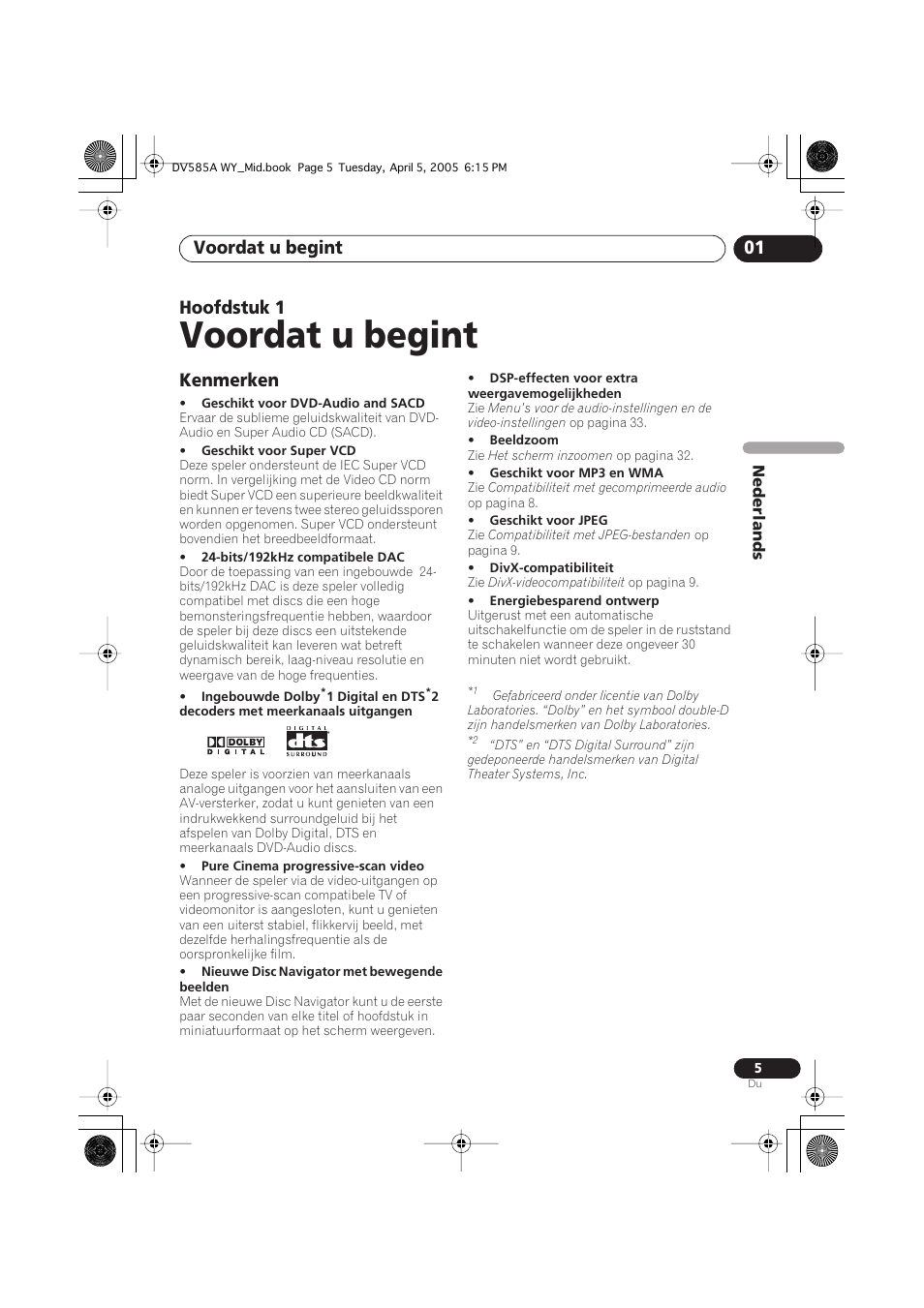 01 voordat u begint, Kenmerken, Voordat u begint | Voordat u begint 01, Hoofdstuk 1 | Pioneer DV-585A-s User Manual | Page 57 / 108