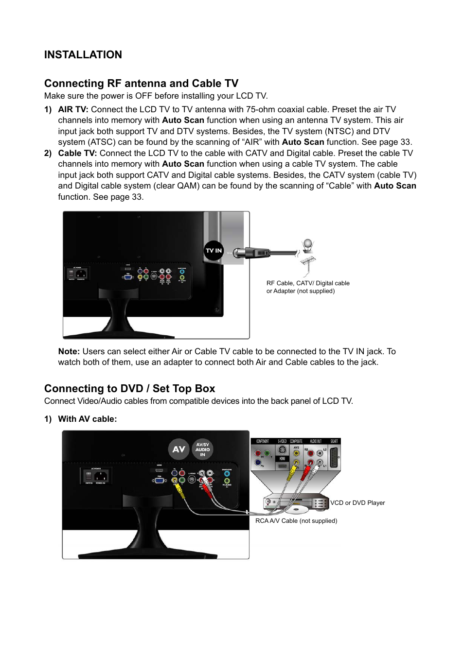 Installation, Connecting rf antenna and cable tv, Connecting to dvd / set top box | AOC Envision Series L22H998 User Manual | Page 18 / 40