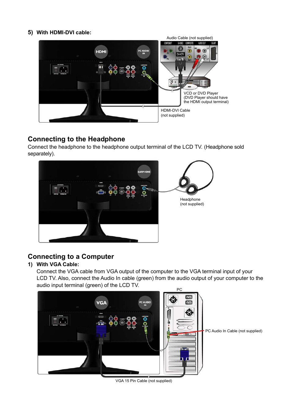 Connecting to the headphone, Connecting to a computer | AOC Envision Series L22H998 User Manual | Page 20 / 40