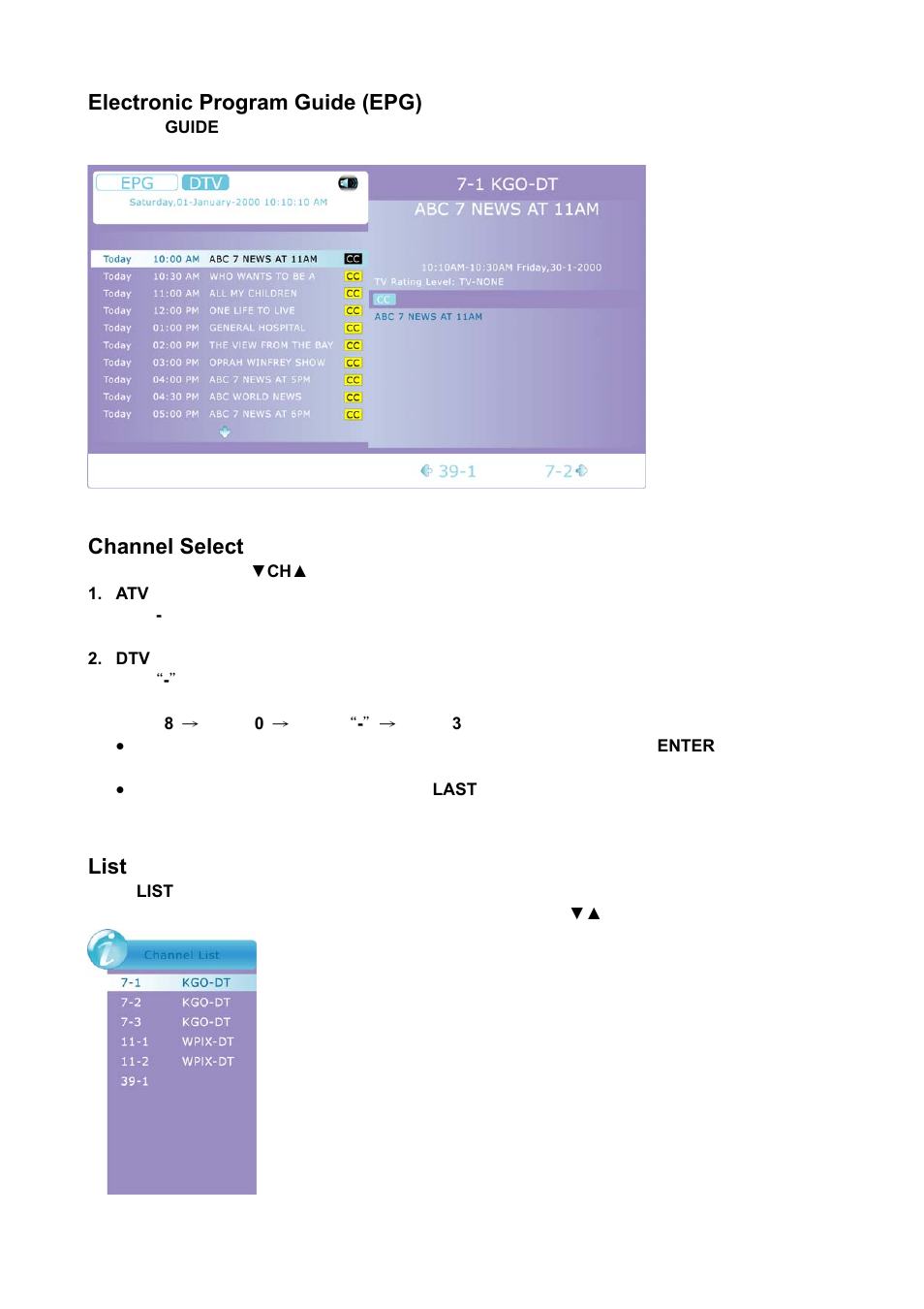 Electronic program guide (epg), Channel select, List | AOC Envision Series L22H998 User Manual | Page 23 / 40