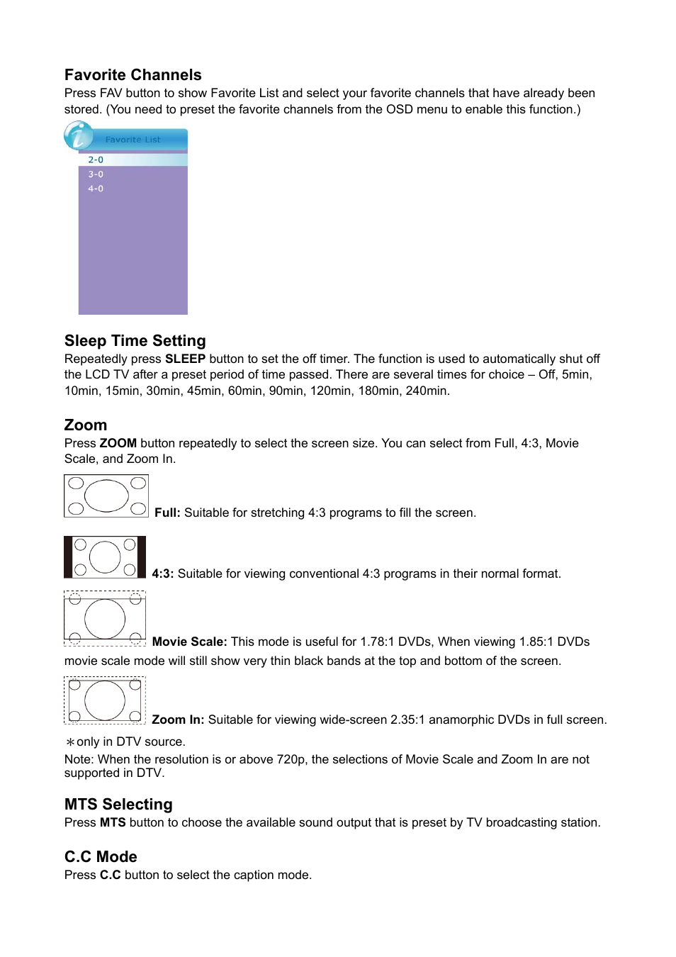 Favorite channels, Sleep time setting, Zoom | Mts selecting, C.c mode | AOC Envision Series L22H998 User Manual | Page 24 / 40