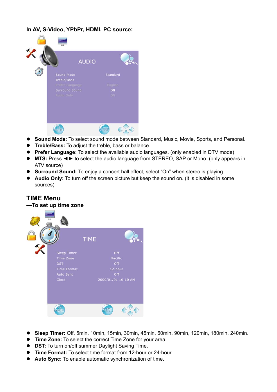 Time menu | AOC Envision Series L22H998 User Manual | Page 28 / 40