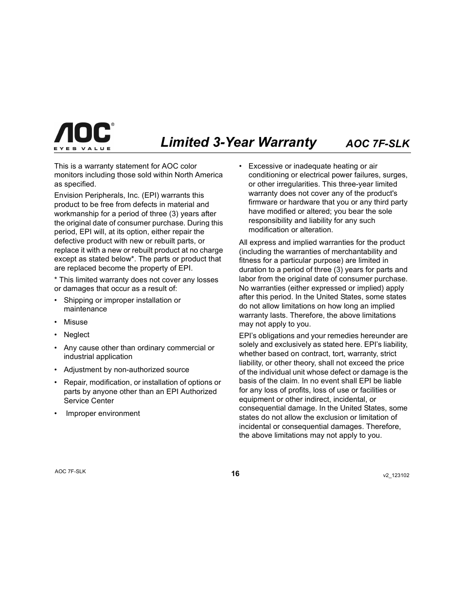 Limited 3-year warranty, Aoc 7f-slk | AOC 7F-SLK User Manual | Page 16 / 17