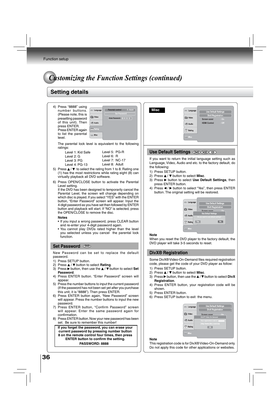 Customizing the function settings (continued), Setting details, Set password | Divx® registration, Use default settings | Toshiba XDE600 User Manual | Page 36 / 40