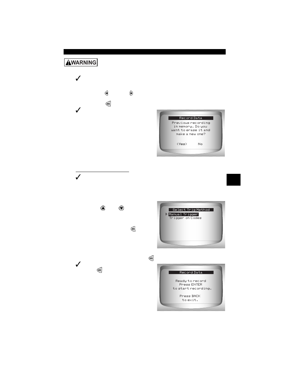 Warning | Actron CP9190 User Manual | Page 109 / 238