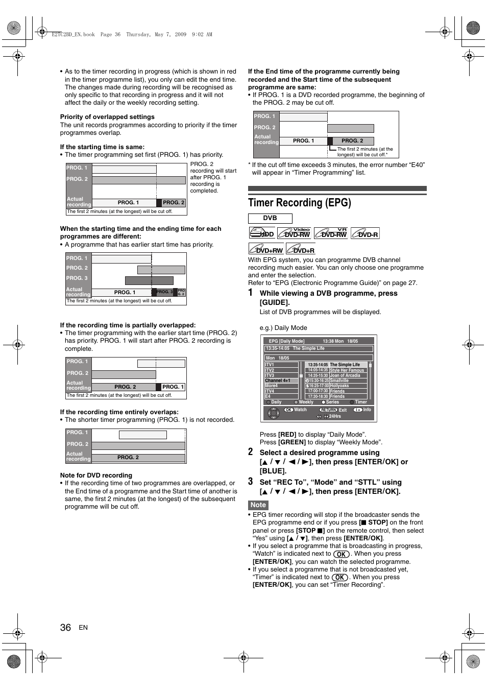 Timer recording (epg) | Toshiba RD99 User Manual | Page 36 / 80