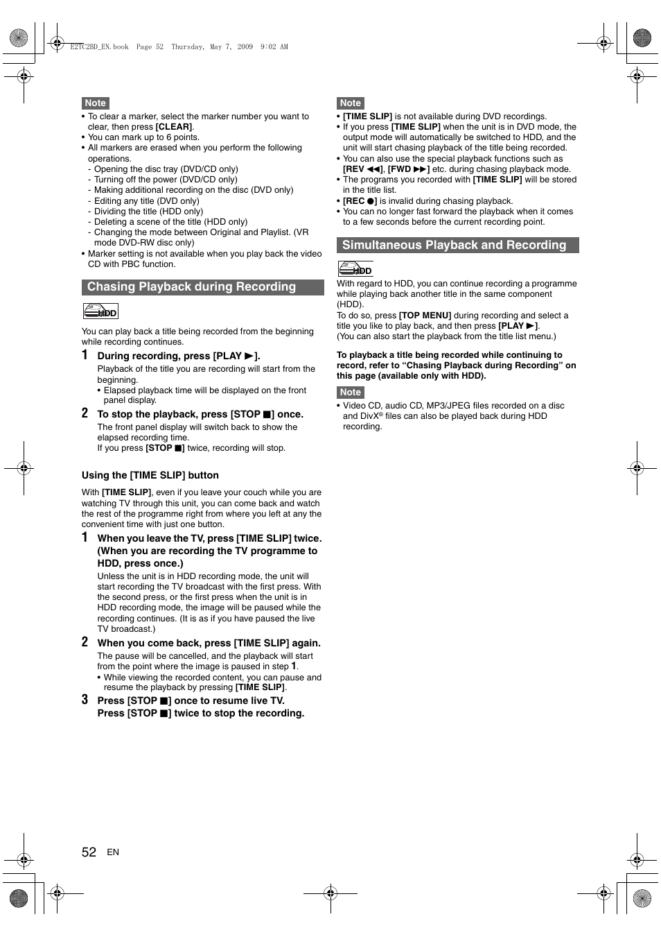 Chasing playback during recording, Simultaneous playback and recording | Toshiba RD99 User Manual | Page 52 / 80