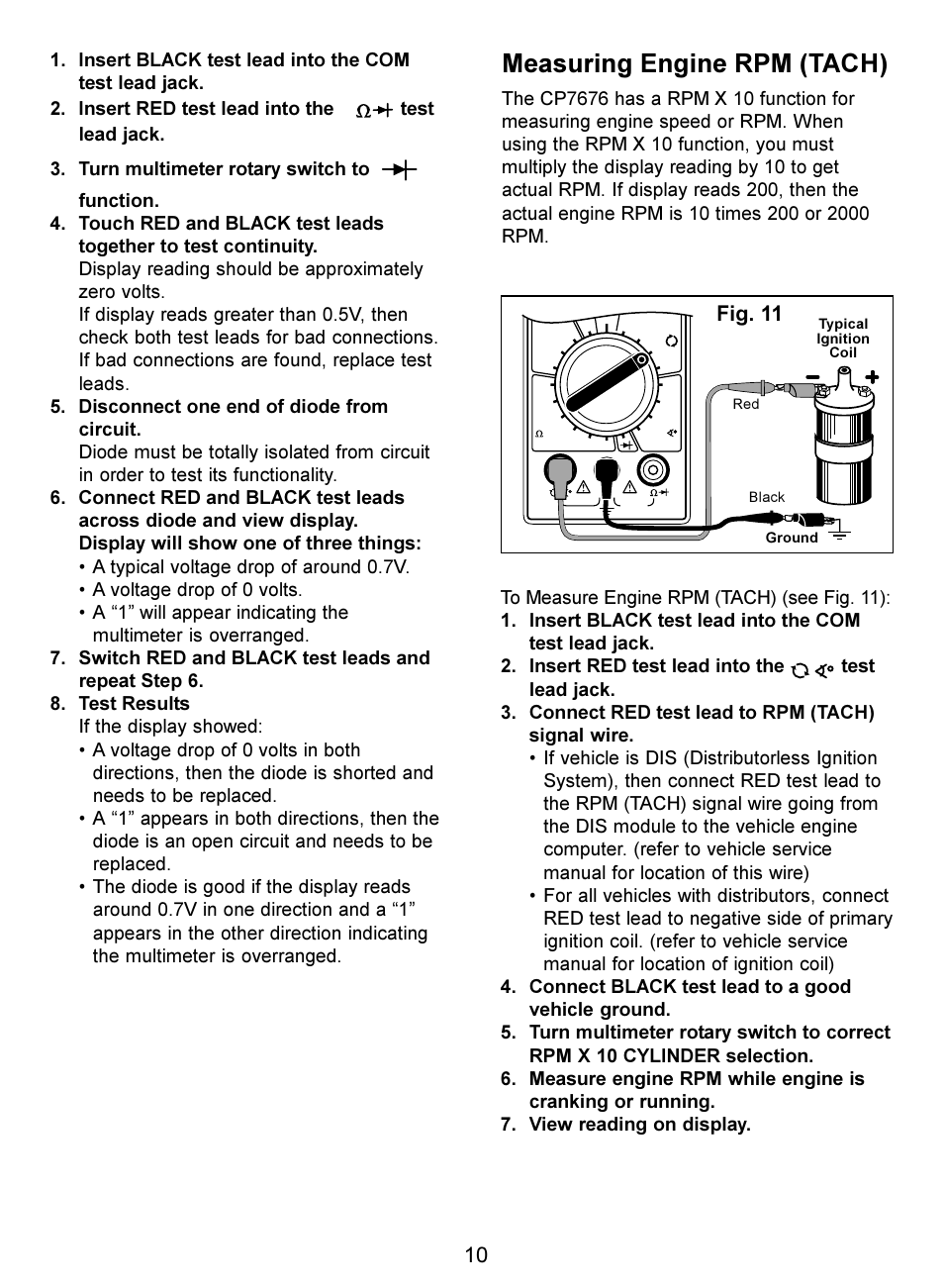Measuring engine rpm (tach), Fig. 11 | Actron Digital Multimeter CP7676 User Manual | Page 10 / 72