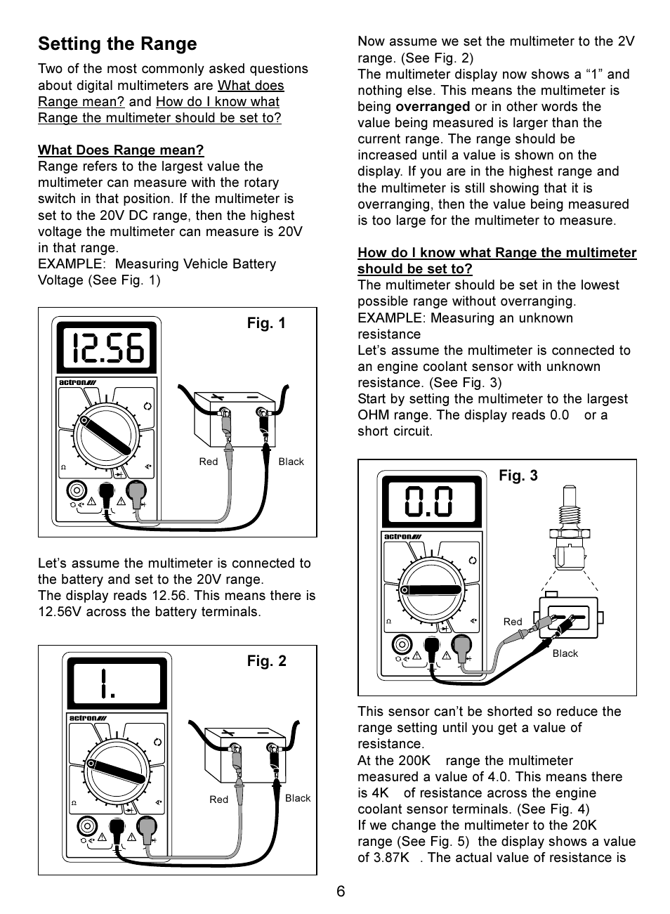 Setting the range, Fig. 1, Fig. 2 | Fig. 3 | Actron Digital Multimeter CP7676 User Manual | Page 6 / 72