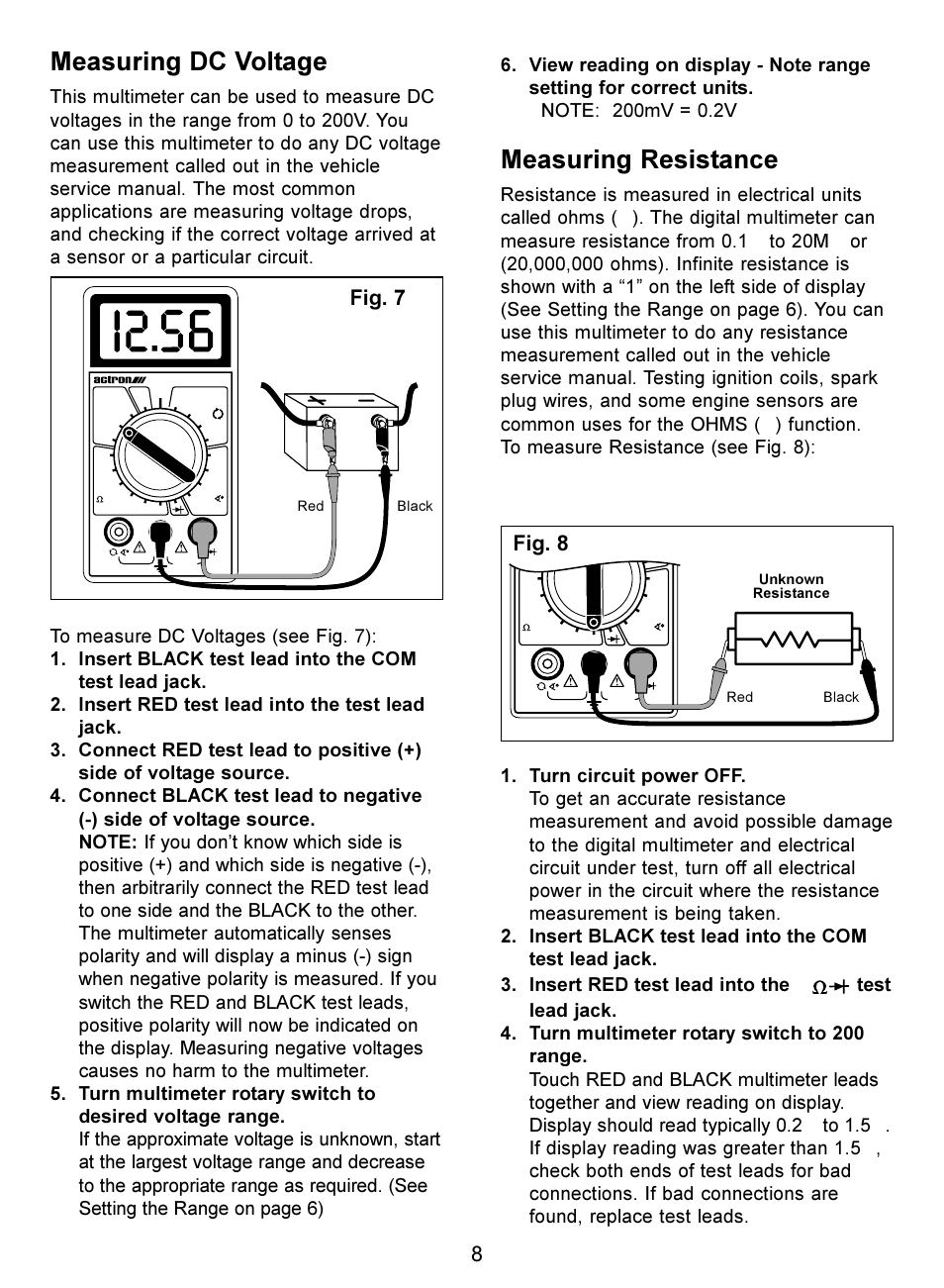 Measuring dc voltage, Measuring resistance, Fig. 7 | Fig. 8 | Actron Digital Multimeter CP7676 User Manual | Page 8 / 72