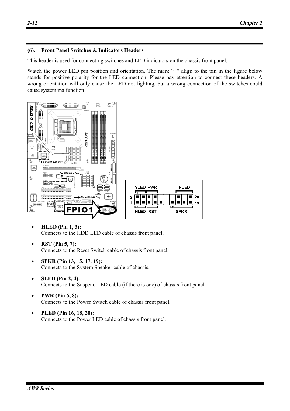 Front panel switches & indicators headers -12 | Abit Intel Pentium 4 System Board Socket 775 AW8 User Manual | Page 20 / 80