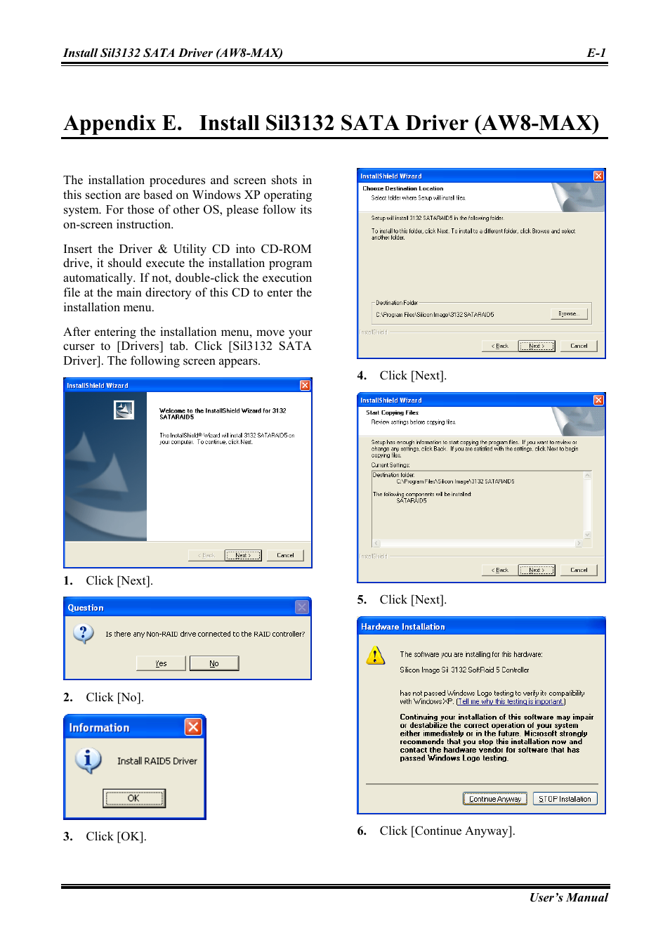 Install sil3132 sata driver (aw8-max), Appendix e | Abit Intel Pentium 4 System Board Socket 775 AW8 User Manual | Page 61 / 80