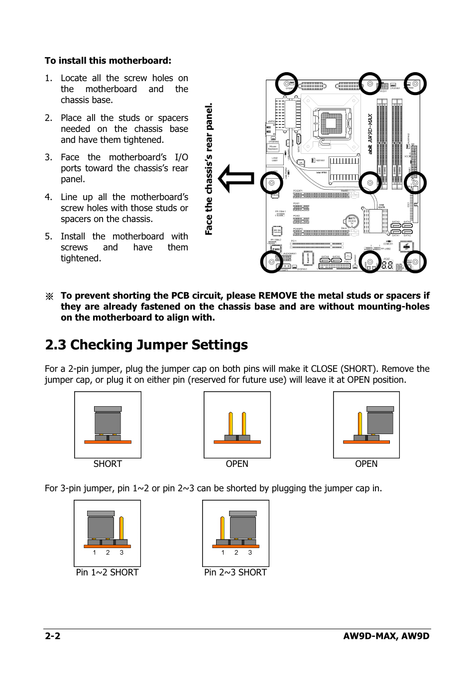 Checking jumper settings, 3 checking jumper settings -2, 3 checking jumper settings | Abit AW9D-MAX User Manual | Page 10 / 88