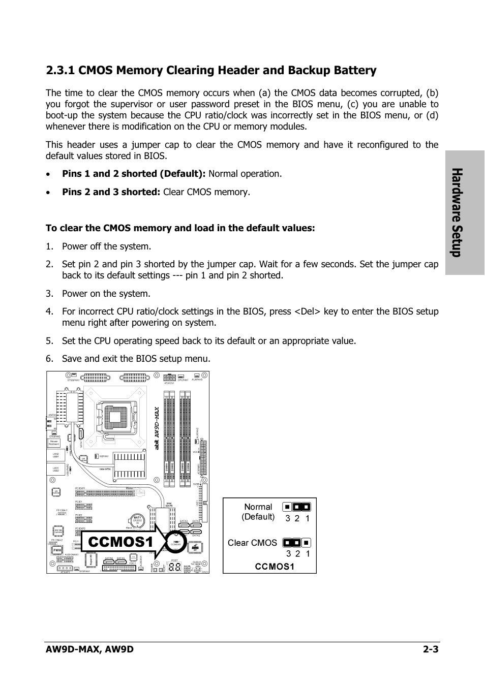 Cmos memory clearing header and backup battery, Hardware setup | Abit AW9D-MAX User Manual | Page 11 / 88