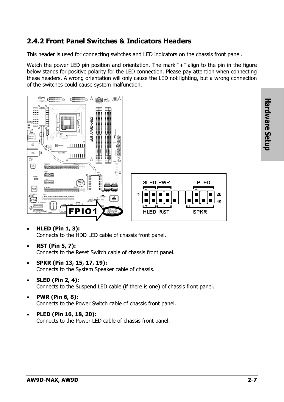 Front panel switches & indicators headers, 2 front panel switches & indicators headers -7, Hardware setup | Abit AW9D-MAX User Manual | Page 15 / 88