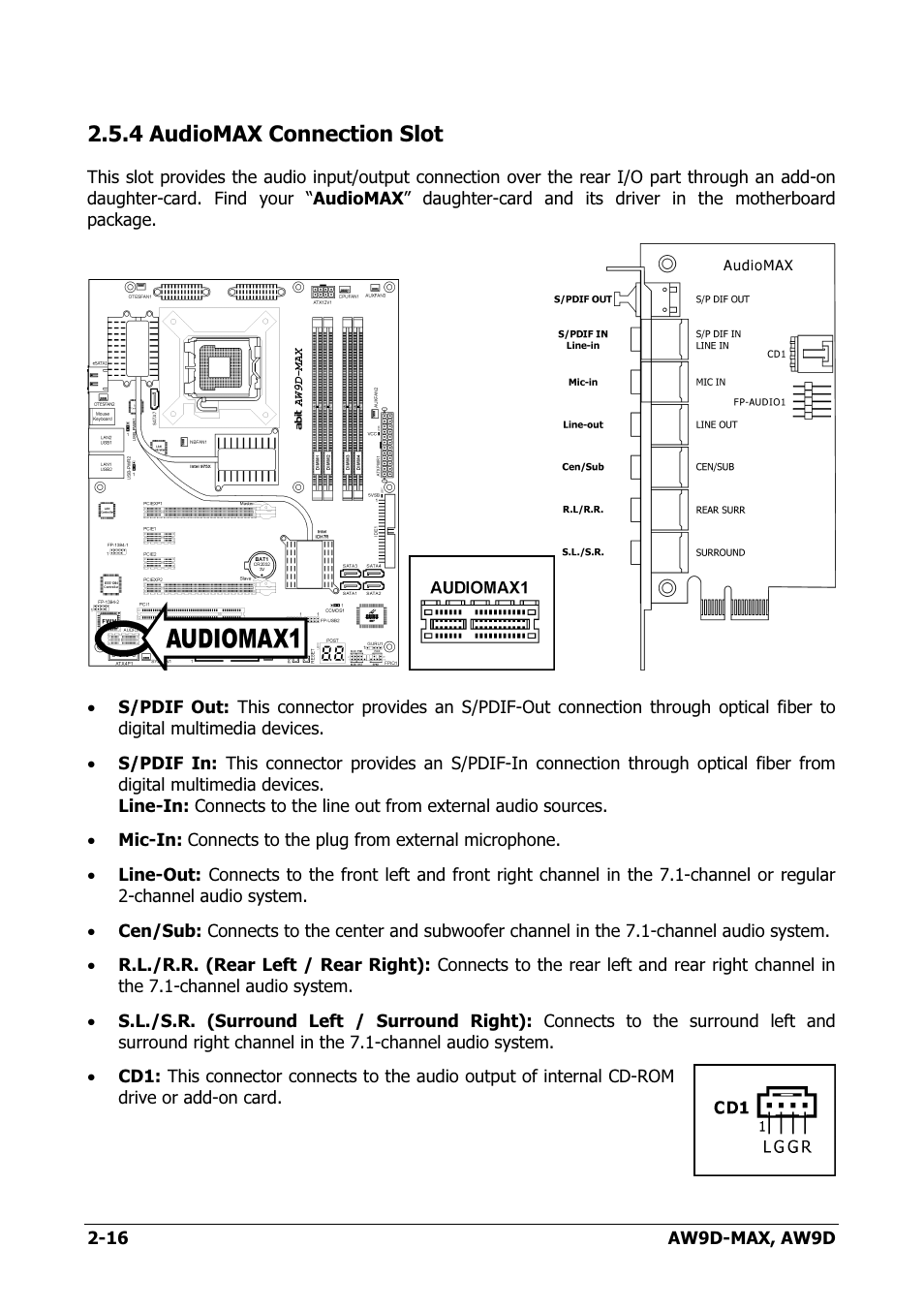 Audiomax connection slot, 4 audiomax connection slot -16, 4 audiomax connection slot | Abit AW9D-MAX User Manual | Page 24 / 88