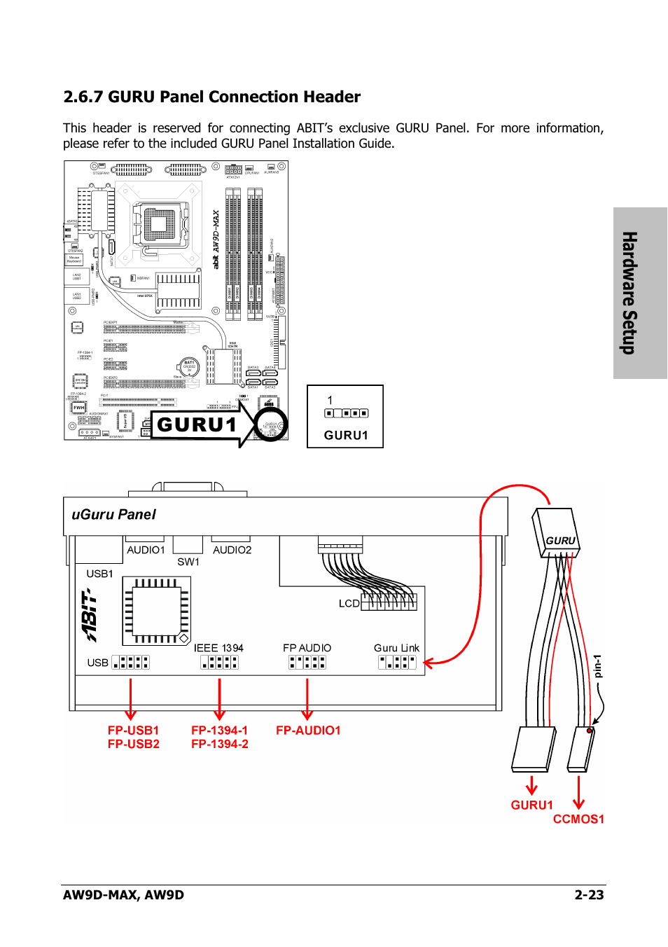 Guru panel connection header, 7 guru panel connection header -23, Hardware setup | Abit AW9D-MAX User Manual | Page 31 / 88