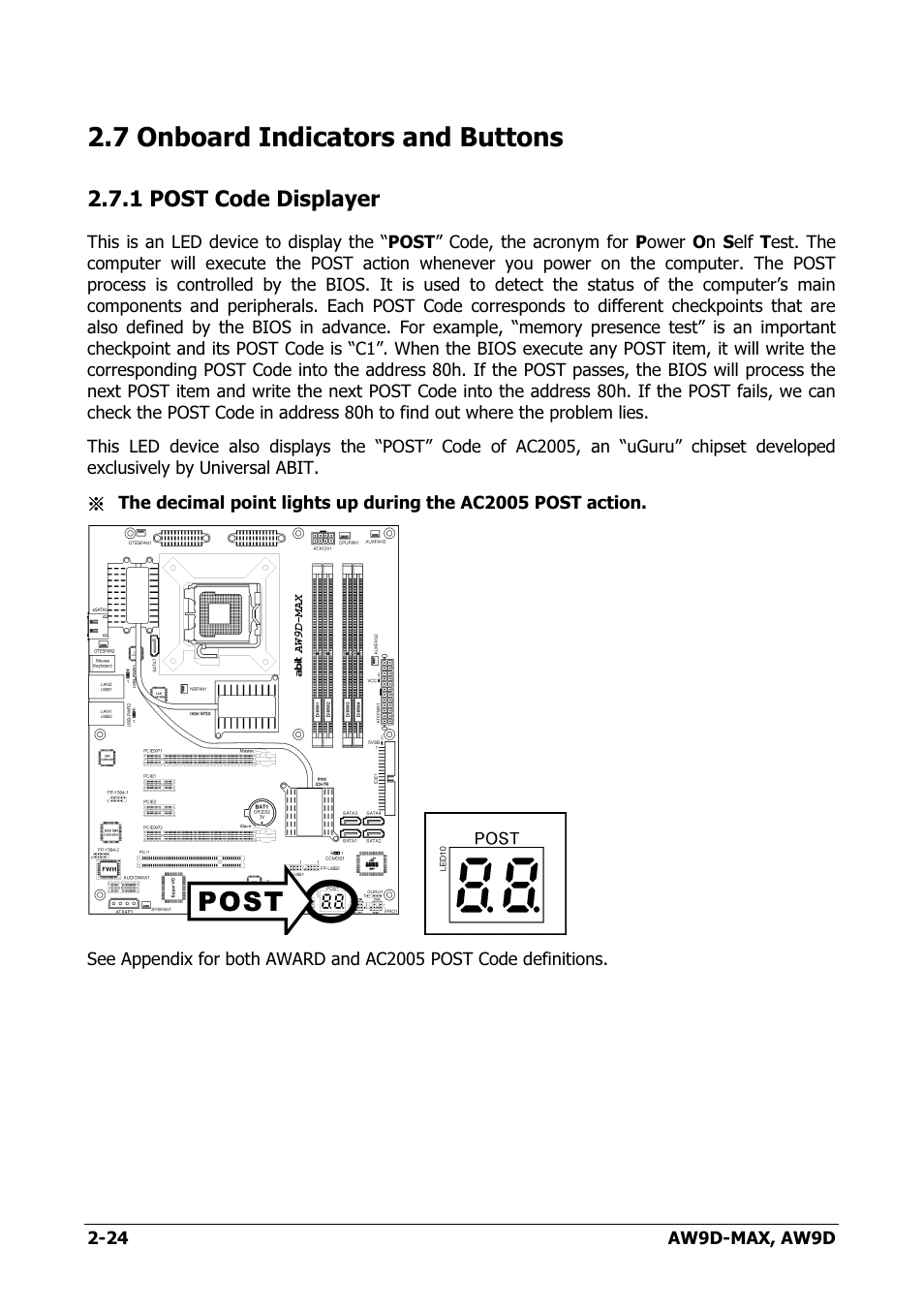 Onboard indicators and buttons, Post code displayer, 7 onboard indicators and buttons -24 | 1 post code displayer -24, 7 onboard indicators and buttons | Abit AW9D-MAX User Manual | Page 32 / 88