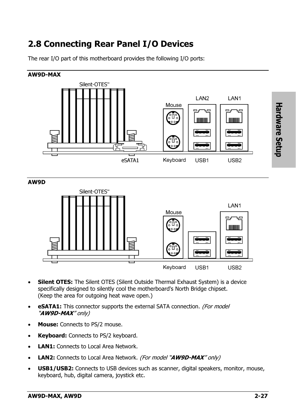 Connecting rear panel i/o devices, 8 connecting rear panel i/o devices -27, Hardware setup | 8 connecting rear panel i/o devices | Abit AW9D-MAX User Manual | Page 35 / 88