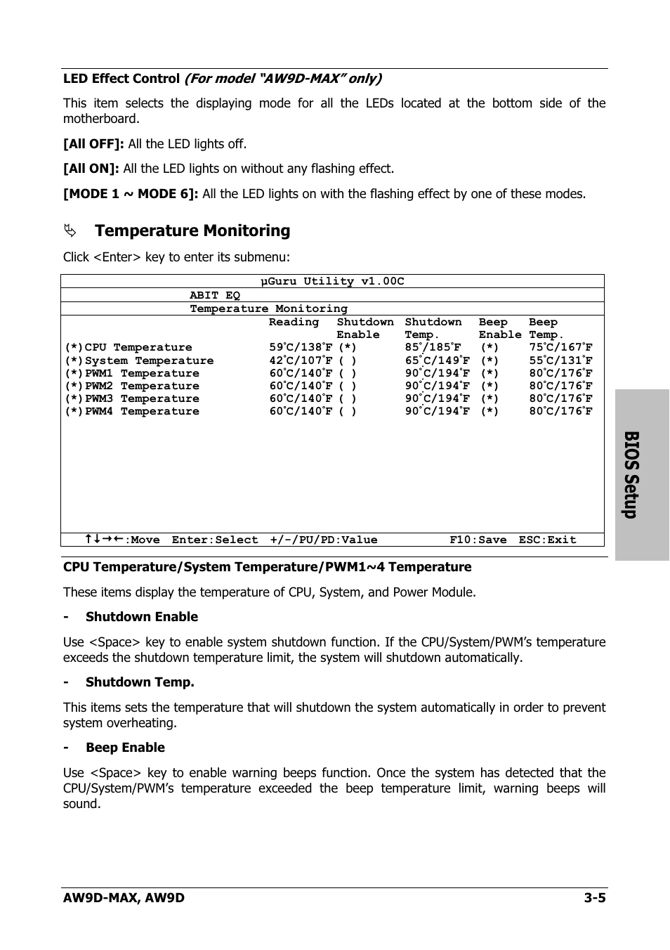 Bios setup, Temperature monitoring | Abit AW9D-MAX User Manual | Page 41 / 88