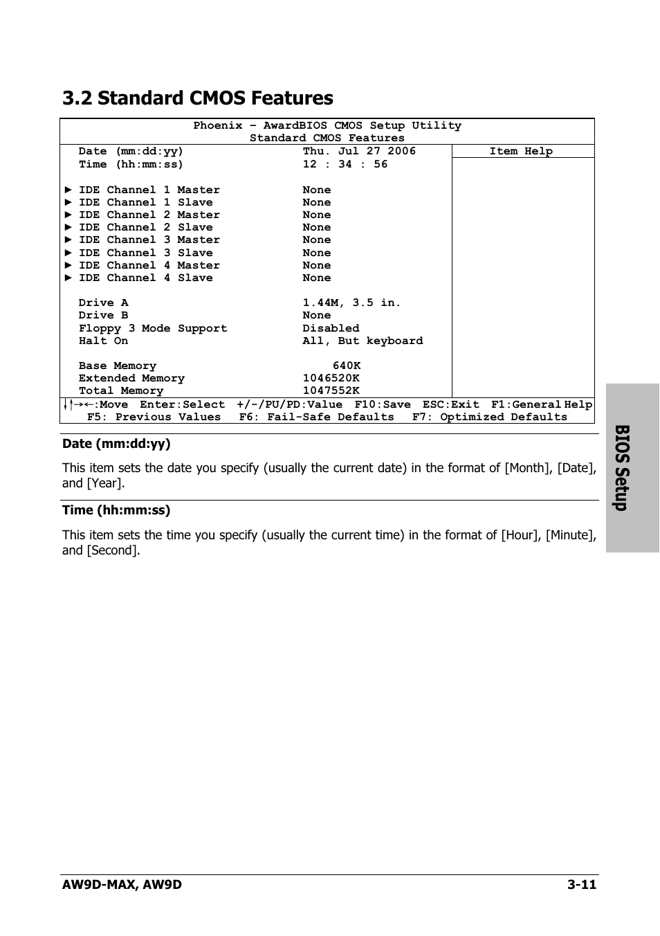 Standard cmos features, 2 standard cmos features -11, Bios setup | 2 standard cmos features | Abit AW9D-MAX User Manual | Page 47 / 88