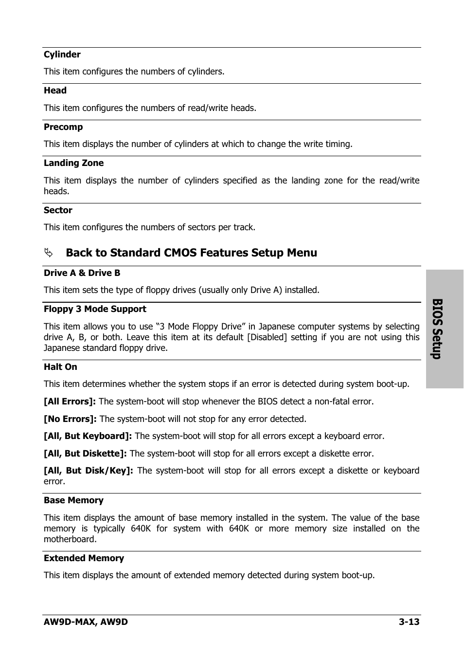 Bios setup, Back to standard cmos features setup menu | Abit AW9D-MAX User Manual | Page 49 / 88