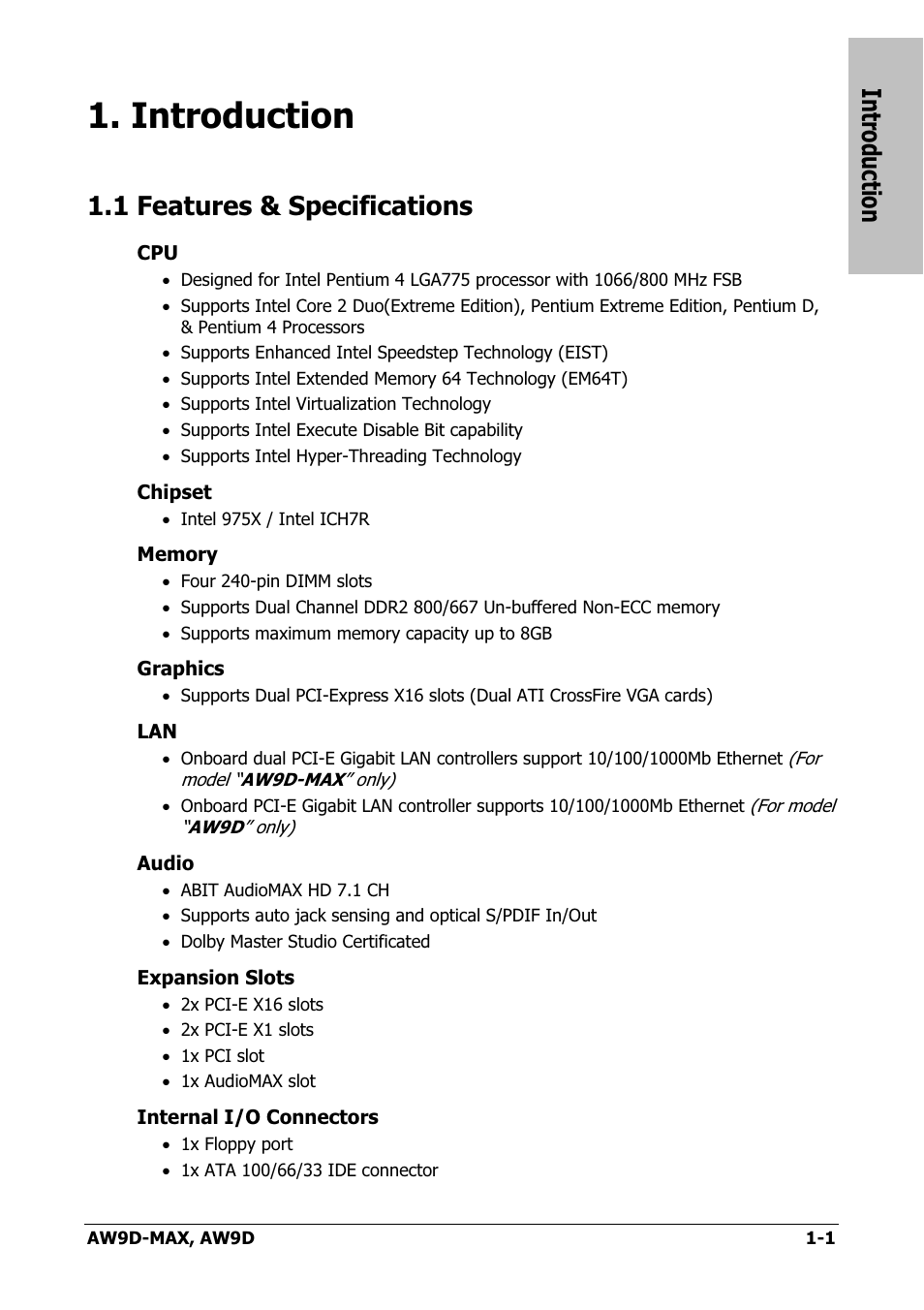 Introduction, Features & specifications, Introduction -1 | 1 features & specifications -1, 1 features & specifications | Abit AW9D-MAX User Manual | Page 5 / 88