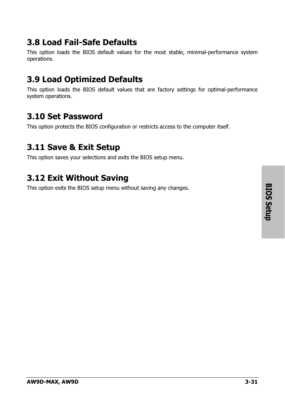 Load fail-safe defaults, Load optimized defaults, Set password | Save & exit setup, Exit without saving, 8 load fail-safe defaults -31, 9 load optimized defaults -31, 10 set password -31, 11 save & exit setup -31, 12 exit without saving -31 | Abit AW9D-MAX User Manual | Page 67 / 88