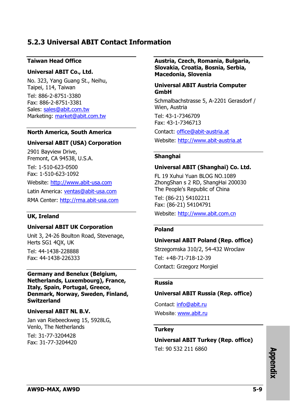 Universal abit contact information, 3 universal abit contact information -9, Appendix | 3 universal abit contact information | Abit AW9D-MAX User Manual | Page 87 / 88