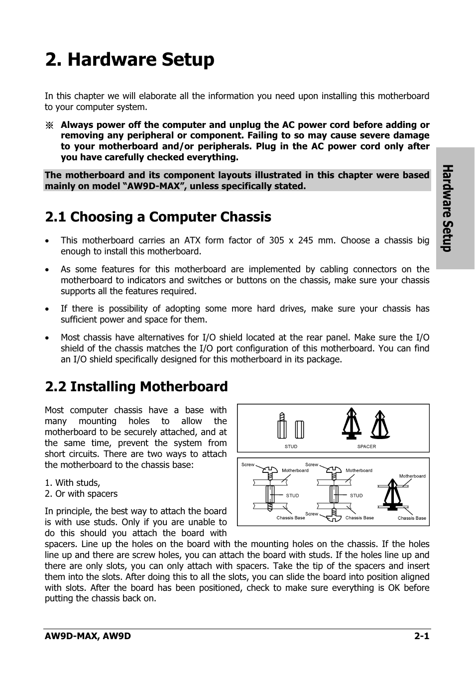 Hardware setup, Choosing a computer chassis, Installing motherboard | Hardware setup -1, 1 choosing a computer chassis -1, 2 installing motherboard -1, 1 choosing a computer chassis, 2 installing motherboard | Abit AW9D-MAX User Manual | Page 9 / 88