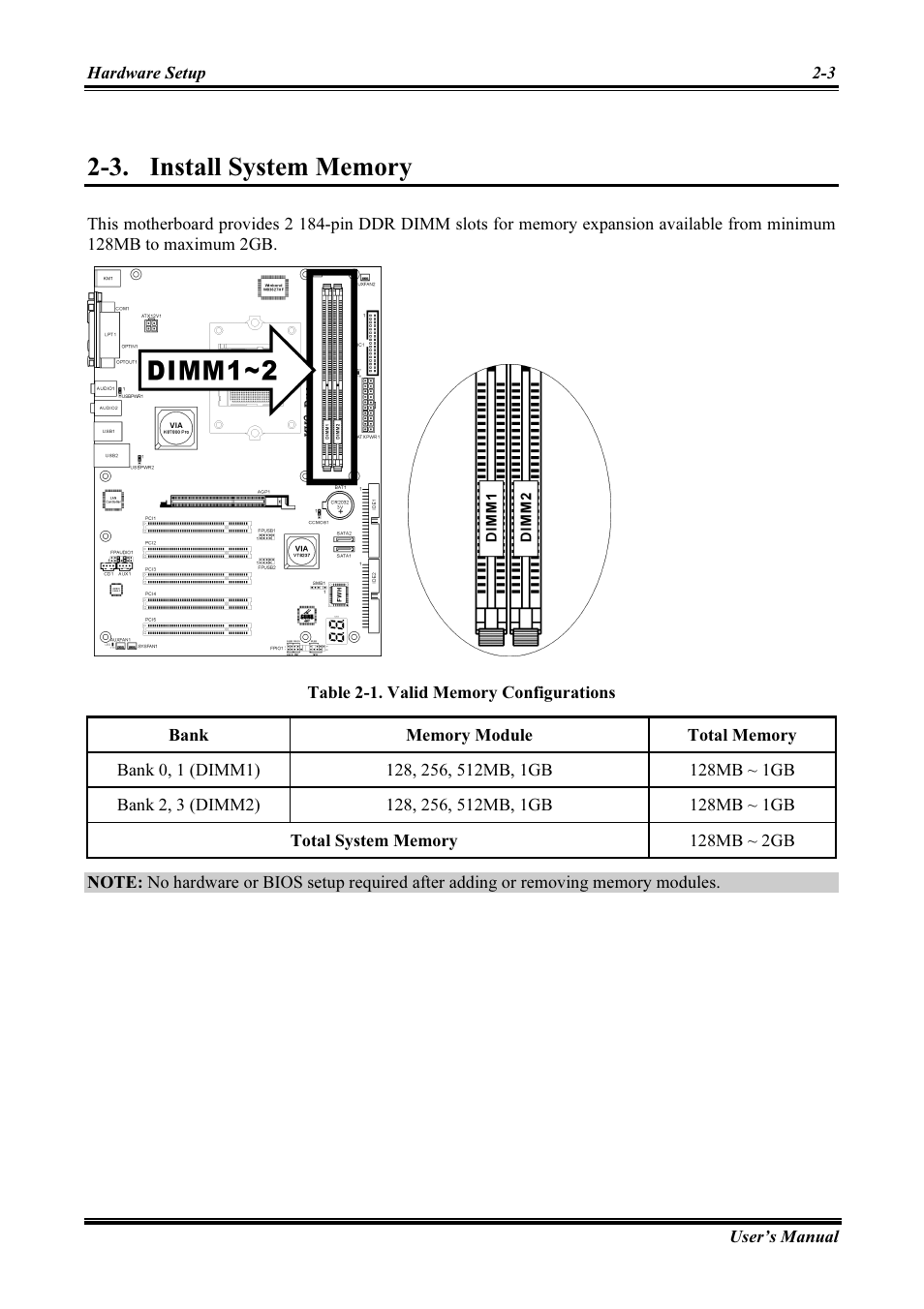 Install system memory, Table 2-1. valid memory configurations, Install system memory -3 | Abit AMD ATHLON KV8 PRO User Manual | Page 11 / 80