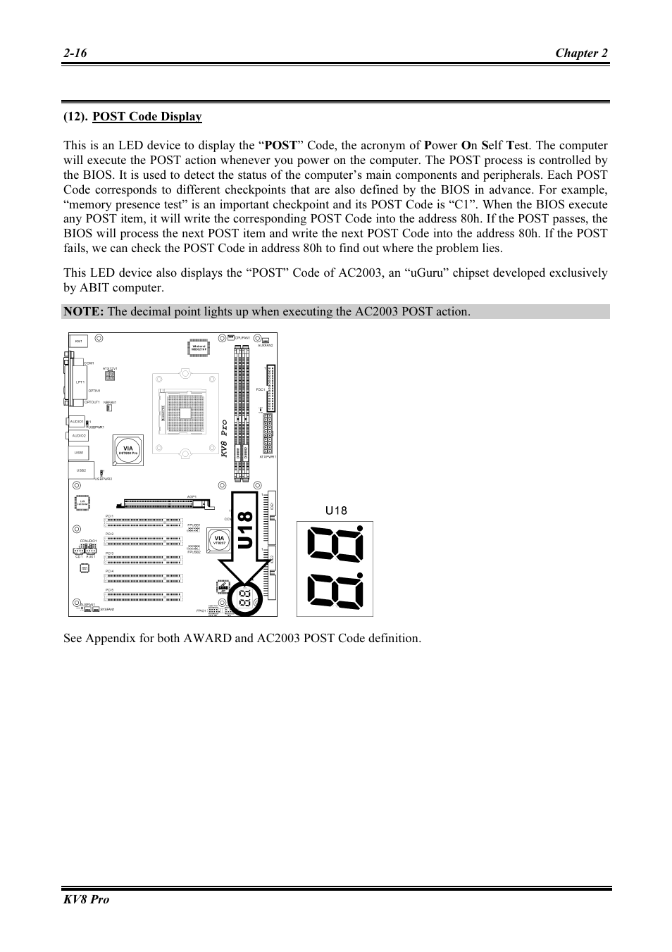 Post code display -16 | Abit AMD ATHLON KV8 PRO User Manual | Page 24 / 80