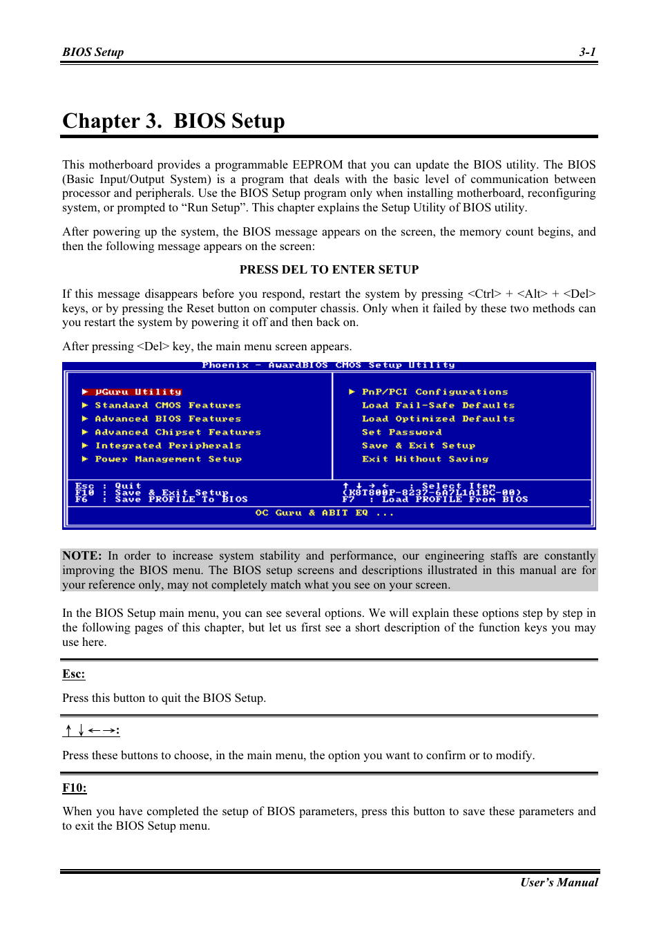 Bios setup, Press del to enter setup, Chapter 3 | Bios setup -1, Chapter 3. bios setup | Abit AMD ATHLON KV8 PRO User Manual | Page 29 / 80