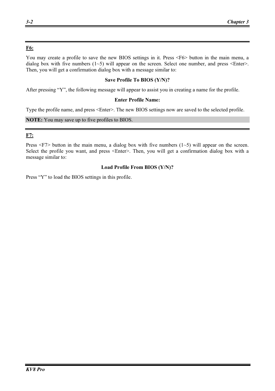 Save profile to bios (y/n), Enter profile name, Load profile from bios (y/n) | Abit AMD ATHLON KV8 PRO User Manual | Page 30 / 80