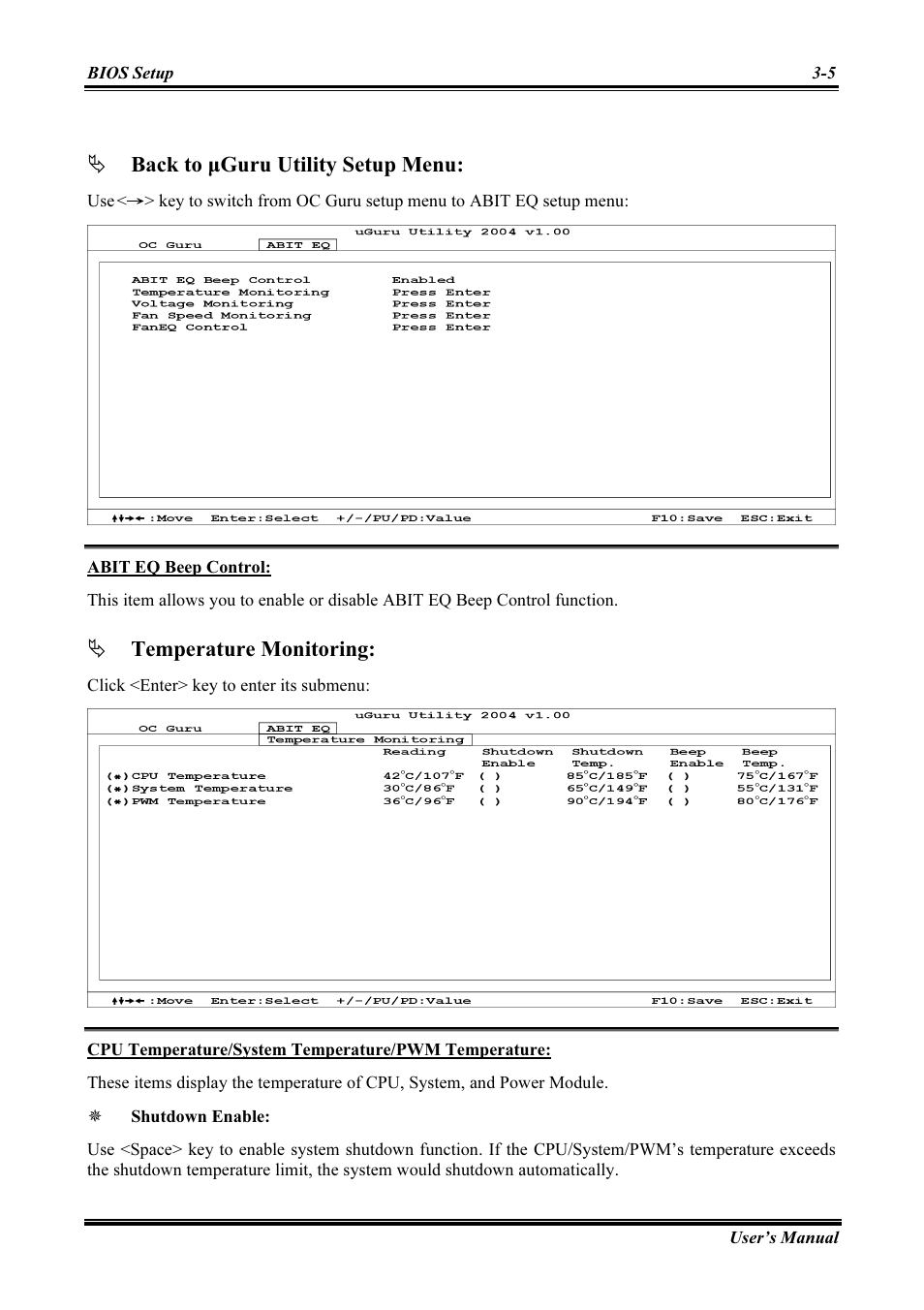 Abit eq beep control, Cpu temperature/system temperature/pwm temperature, Back to µguru utility setup menu | Temperature monitoring | Abit AMD ATHLON KV8 PRO User Manual | Page 33 / 80
