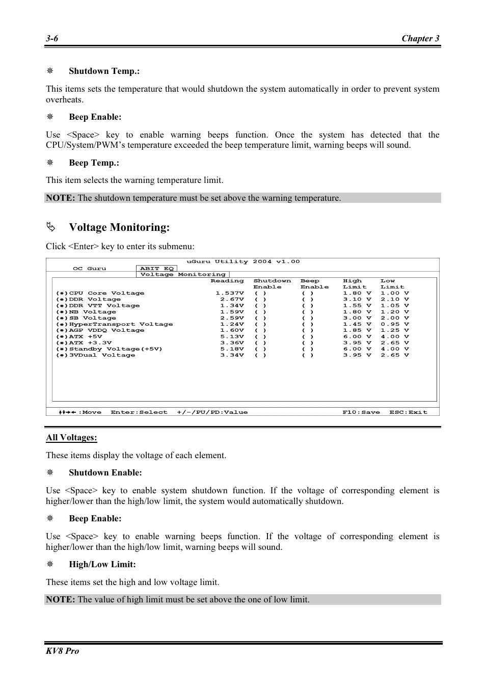 All voltages, Voltage monitoring | Abit AMD ATHLON KV8 PRO User Manual | Page 34 / 80