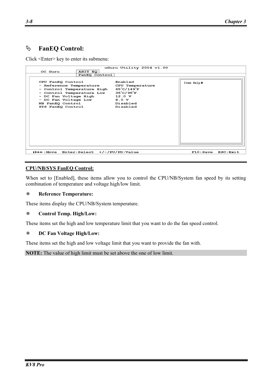 Cpu/nb/sys faneq control, Faneq control | Abit AMD ATHLON KV8 PRO User Manual | Page 36 / 80