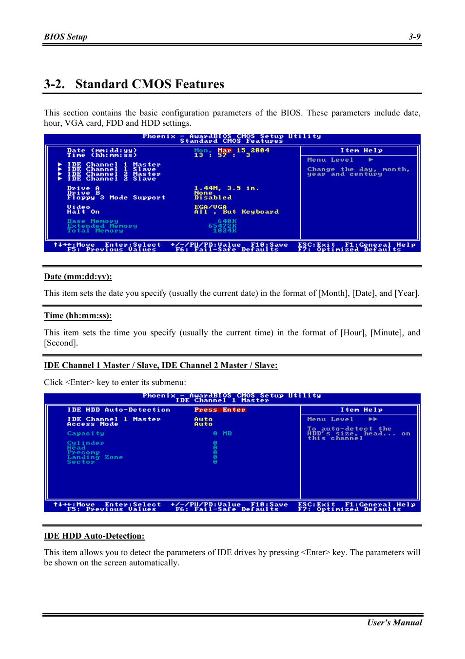 Standard cmos features, Date (mm:dd:yy), Time (hh:mm:ss) | Ide hdd auto-detection, Standard cmos features -9, 2. standard cmos features | Abit AMD ATHLON KV8 PRO User Manual | Page 37 / 80