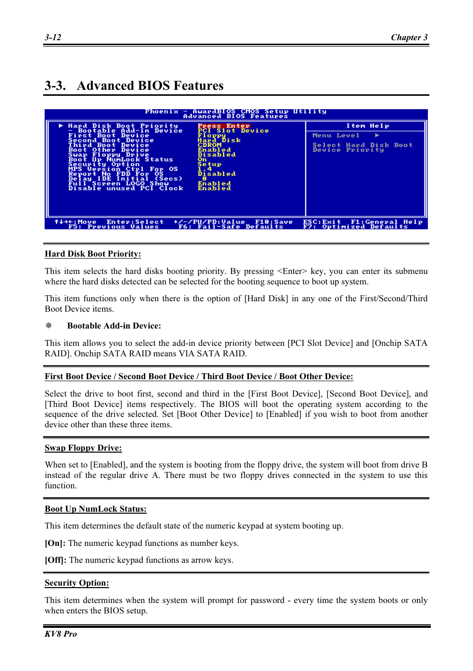 Advanced bios features, Hard disk boot priority, Swap floppy drive | Boot up numlock status, Security option, Advanced bios features -12, 3. advanced bios features | Abit AMD ATHLON KV8 PRO User Manual | Page 40 / 80