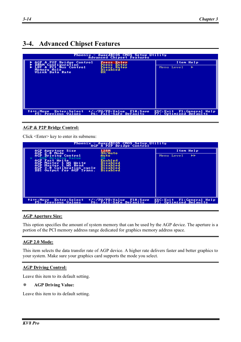 Advanced chipset features, Agp & p2p bridge control, Agp aperture size | Agp 2.0 mode, Agp driving control, Advanced chipset features -14, 4. advanced chipset features | Abit AMD ATHLON KV8 PRO User Manual | Page 42 / 80
