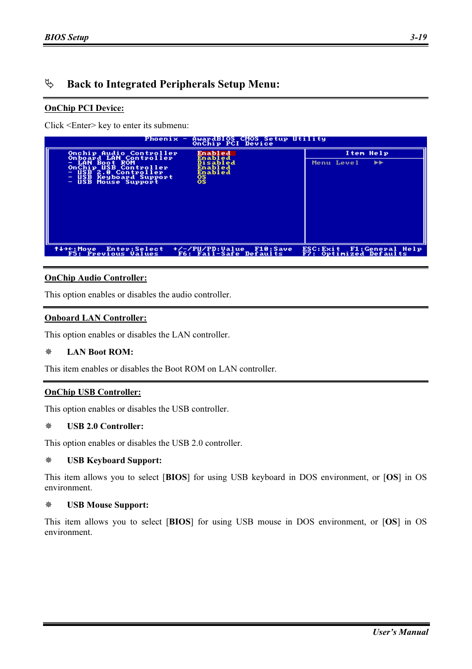 Onchip pci device, Onchip audio controller, Onboard lan controller | Onchip usb controller, Back to integrated peripherals setup menu | Abit AMD ATHLON KV8 PRO User Manual | Page 47 / 80