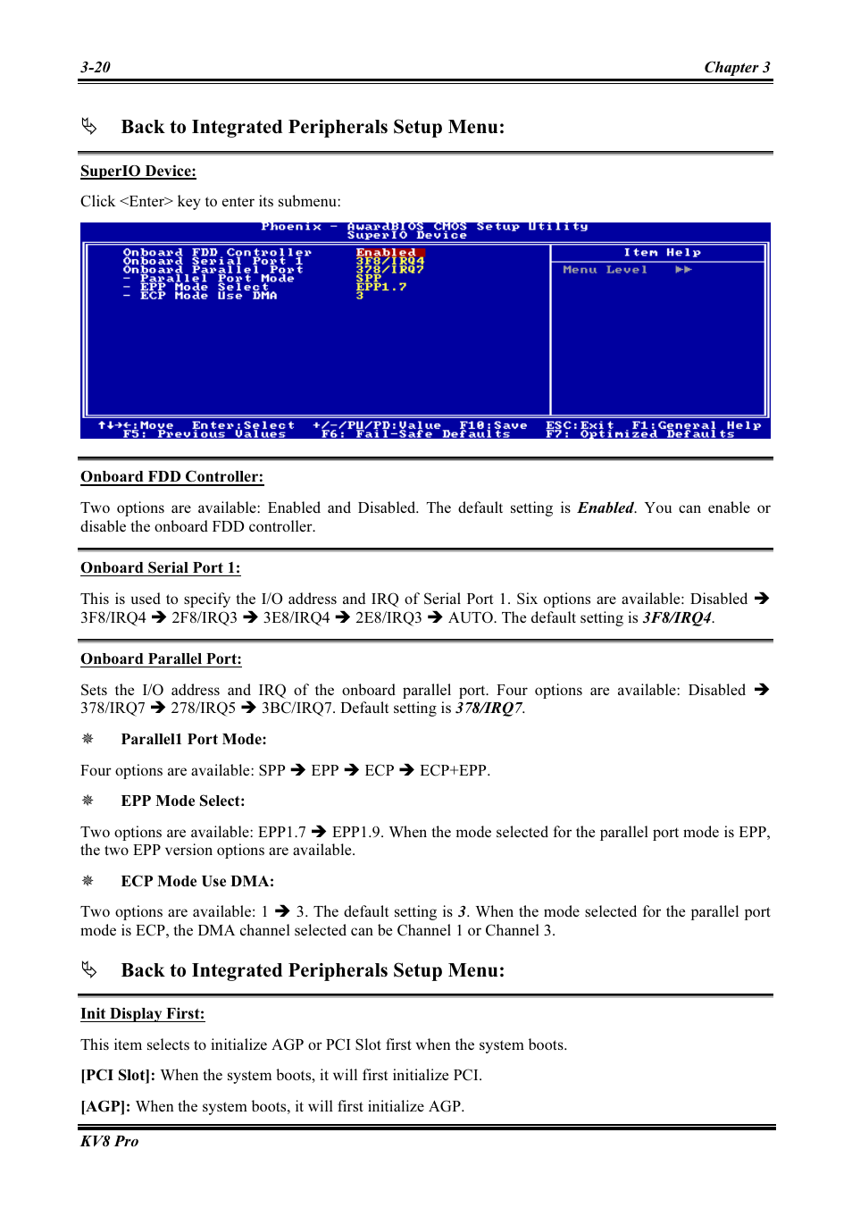 Superio device, Onboard fdd controller, Onboard serial port 1 | Onboard parallel port, Init display first, Back to integrated peripherals setup menu | Abit AMD ATHLON KV8 PRO User Manual | Page 48 / 80