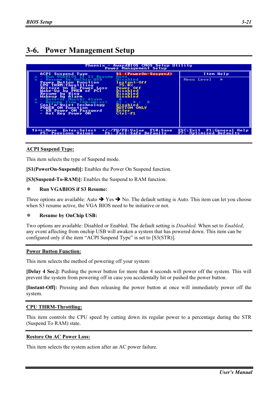 Power management setup, Acpi suspend type, Power button function | Cpu thrm-throttling, Restore on ac power loss, Power management setup -21, 6. power management setup | Abit AMD ATHLON KV8 PRO User Manual | Page 49 / 80