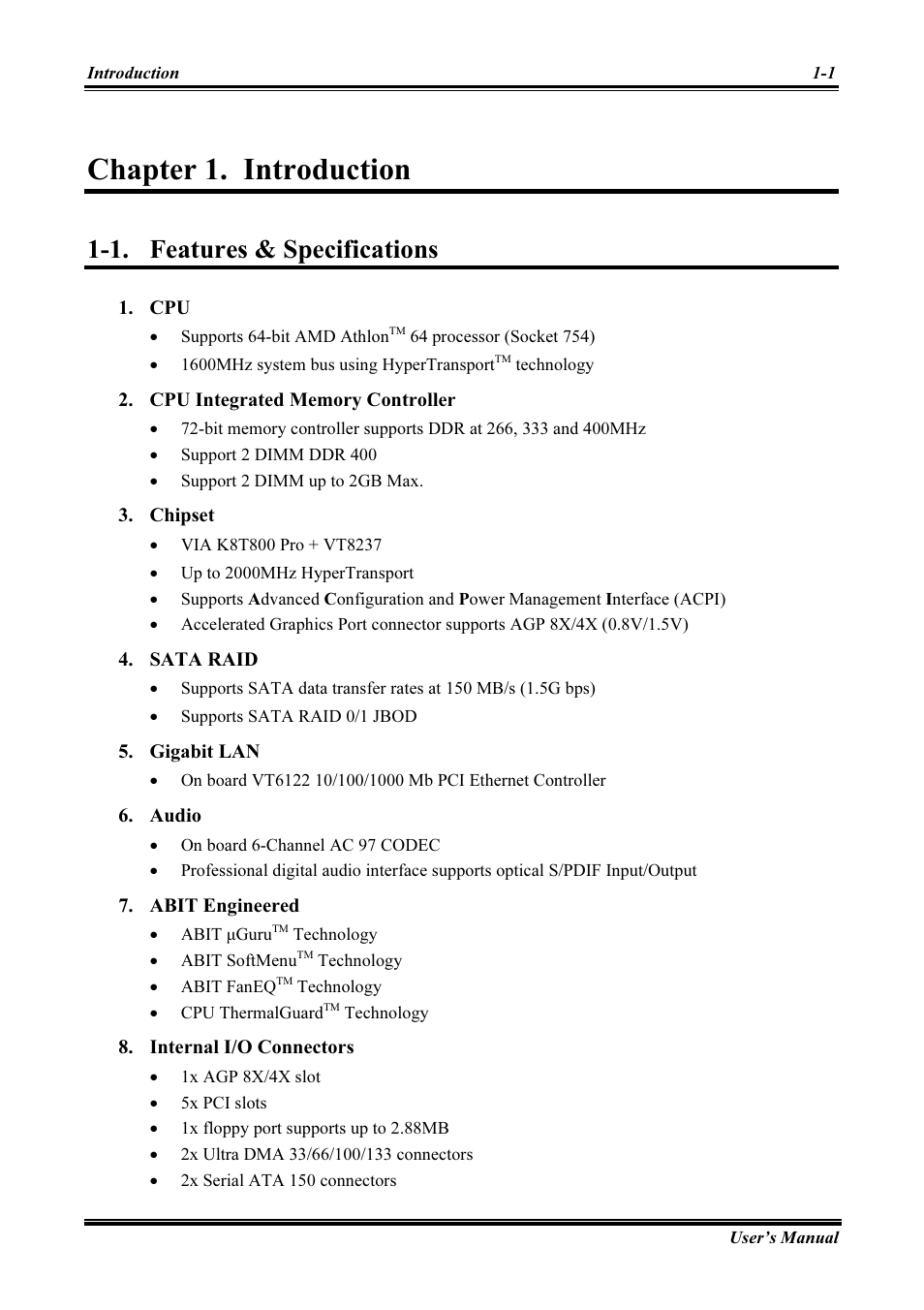 Introduction, Features & specifications, Chapter 1 | Introduction -1, Features & specifications -1, Chapter 1. introduction, 1. features & specifications | Abit AMD ATHLON KV8 PRO User Manual | Page 5 / 80