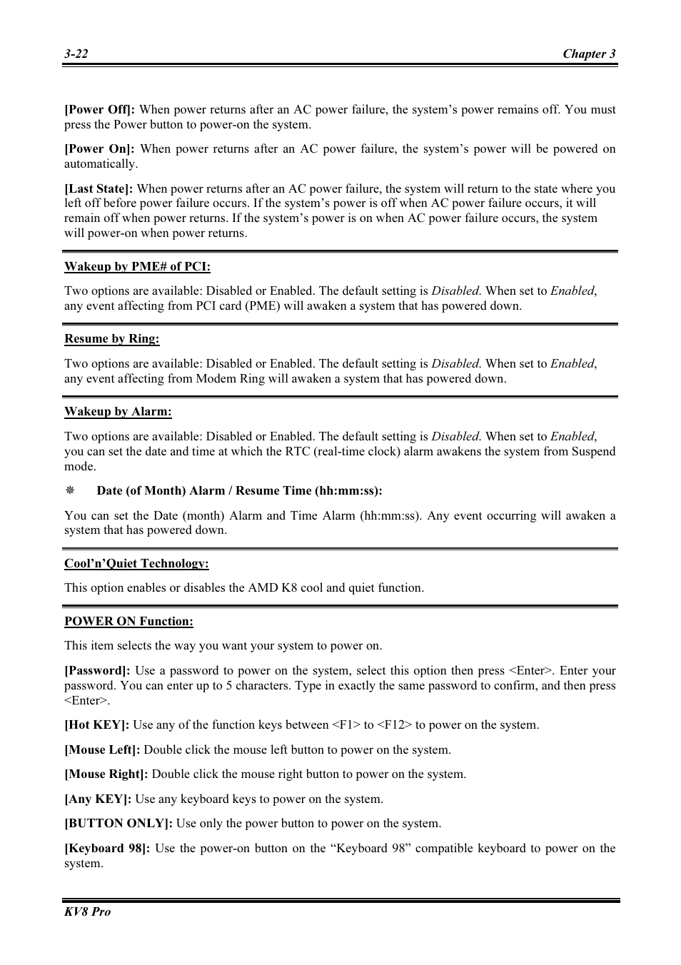 Wakeup by pme# of pci, Resume by ring, Wakeup by alarm | Cool’n’quiet technology, Power on function | Abit AMD ATHLON KV8 PRO User Manual | Page 50 / 80