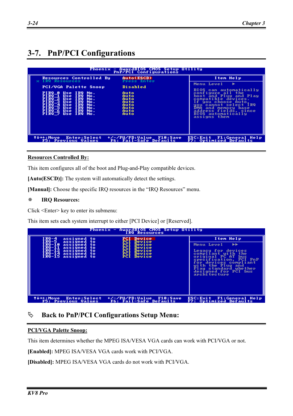 Pnp/pci configurations, Resources controlled by, Pci/vga palette snoop | Pnp/pci configurations -24, 7. pnp/pci configurations | Abit AMD ATHLON KV8 PRO User Manual | Page 52 / 80