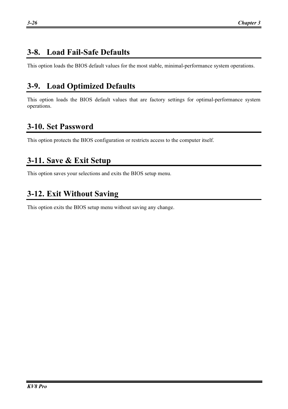 Load fail-safe defaults, Load optimized defaults, Set password | Save & exit setup, Exit without saving, Load fail-safe defaults -26, Load optimized defaults -26, Set password -26, Save & exit setup -26, Exit without saving -26 | Abit AMD ATHLON KV8 PRO User Manual | Page 54 / 80