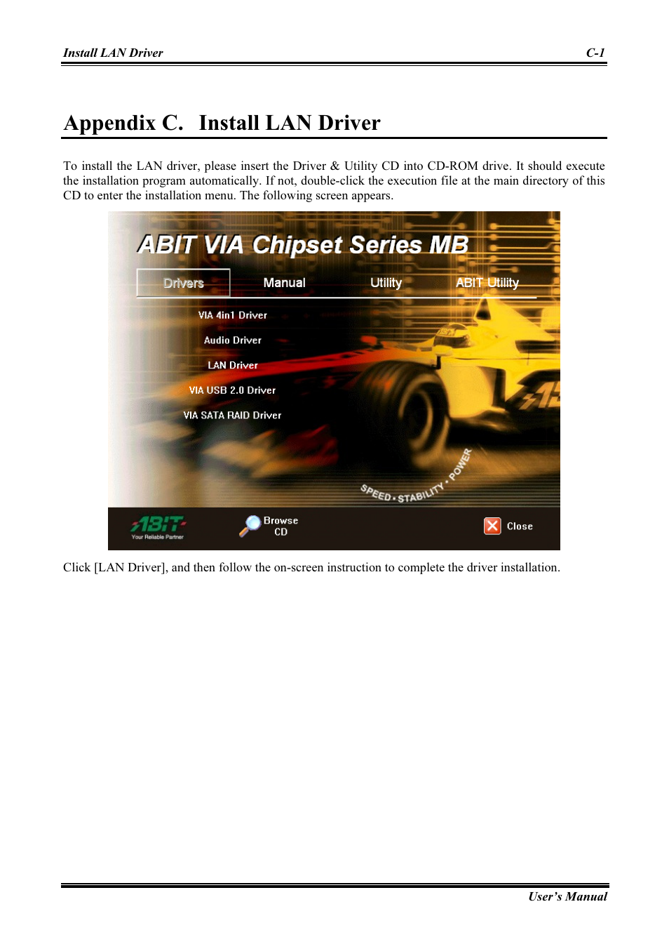 Install lan driver, Appendix c, Appendix c. install lan driver | Abit AMD ATHLON KV8 PRO User Manual | Page 59 / 80